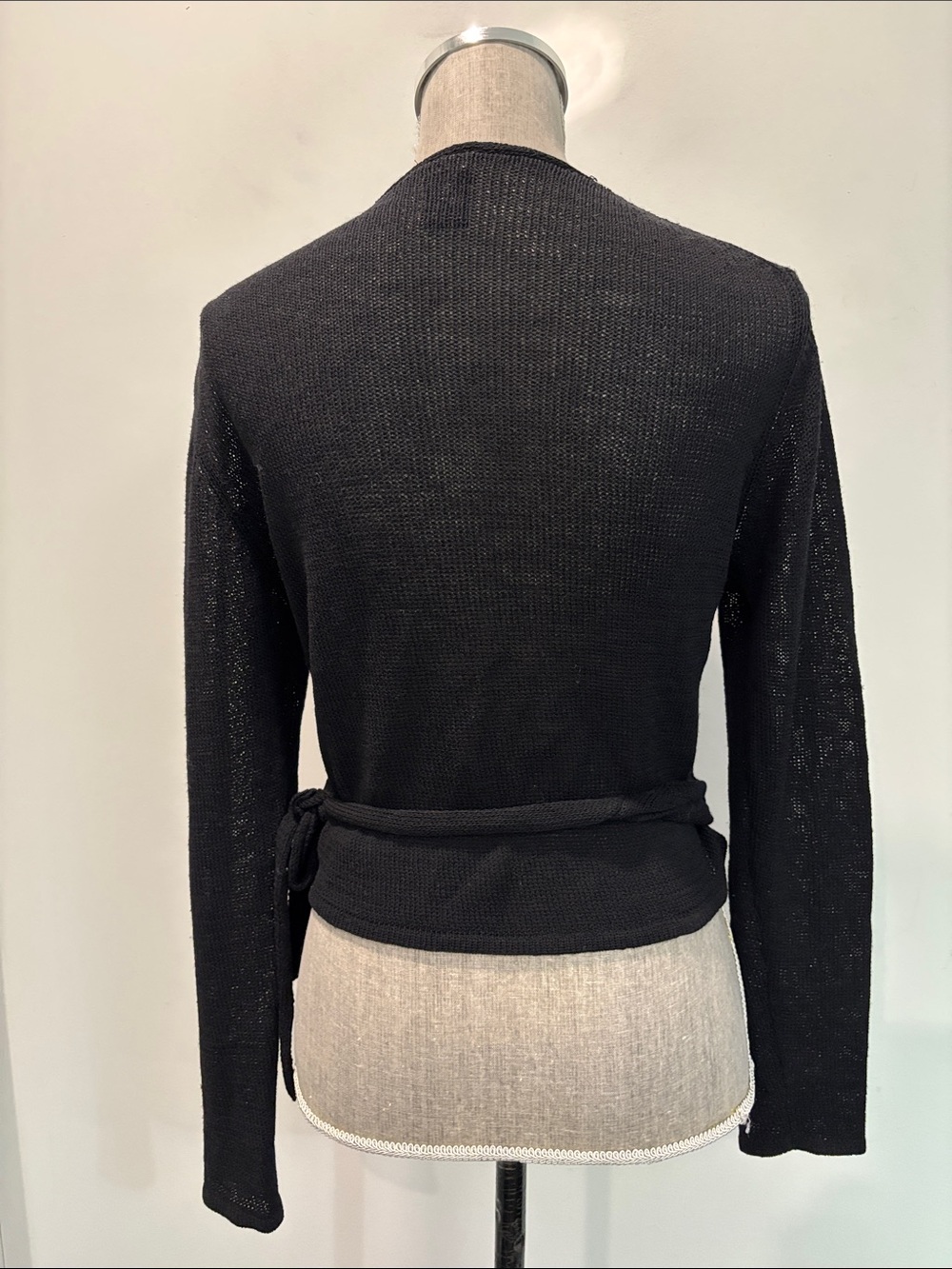 Eileen Fisher Black 100% Wool Tie Front Wrap Cardigan Size M Lightweight - Picture 10 of 16